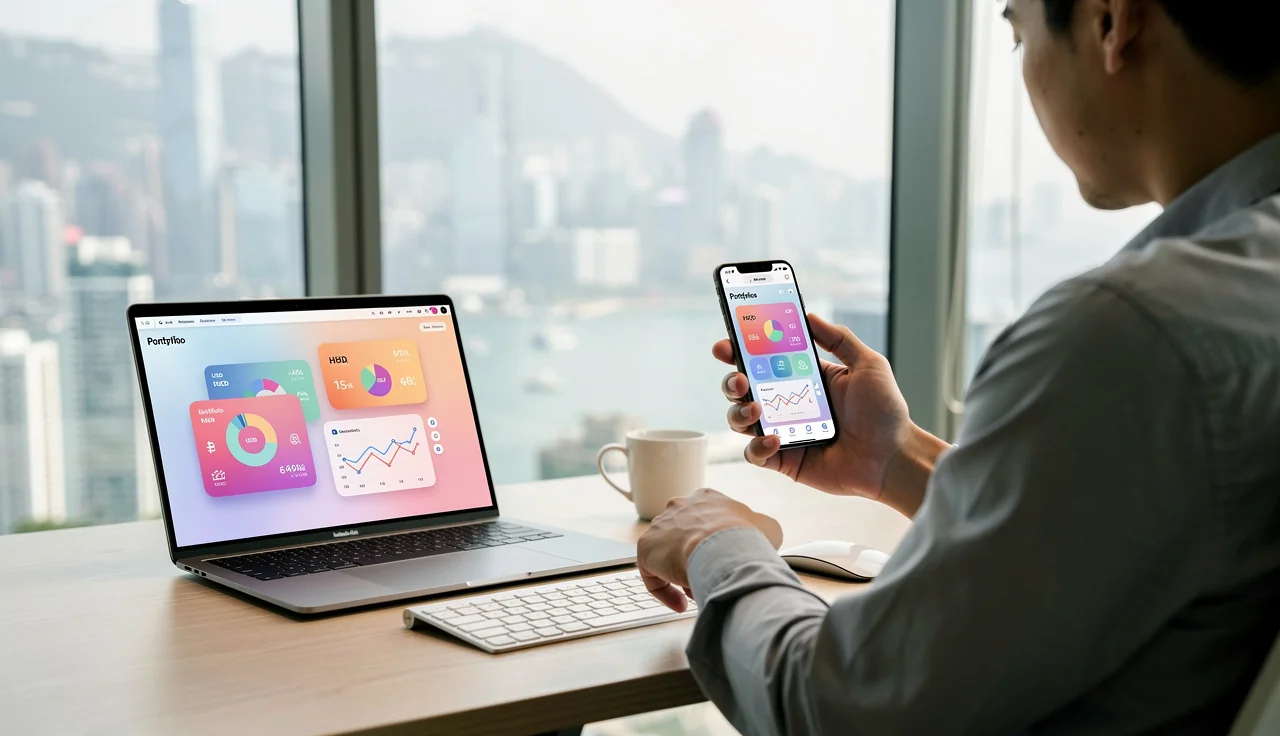 Entrepreneur consultant son compte professionnel multidevise sur une application mobile
