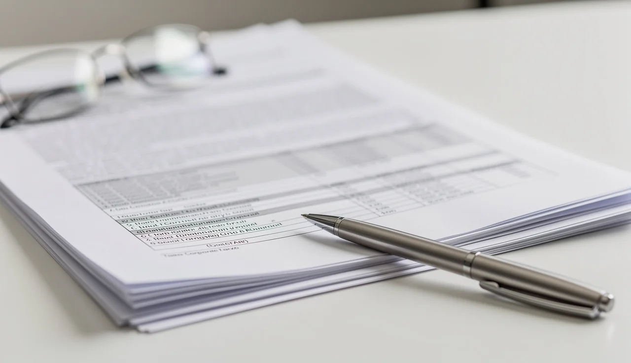 Document fiscal hongkongais et calculatrice posés sur un bureau
