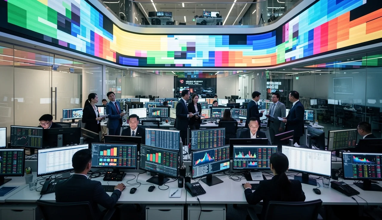 Salle de marché et indices boursiers affichés sur la place financière de Hong Kong